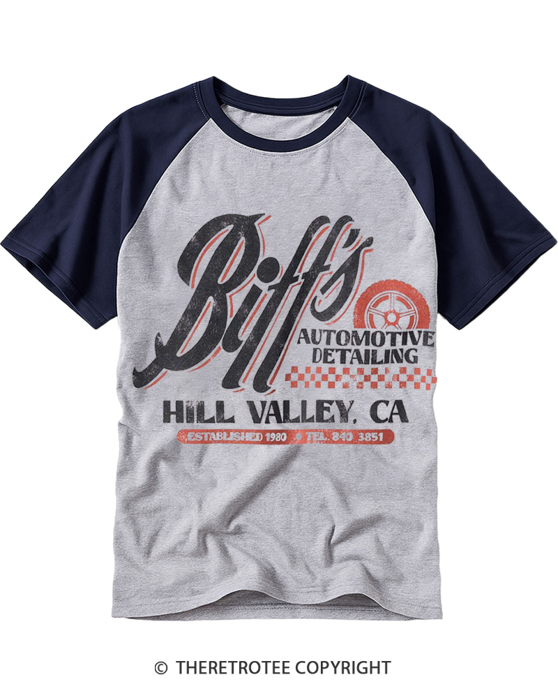 TheRetroTee Biff's Automotive Detailing 1980s Raglan Baseball T-Shirt