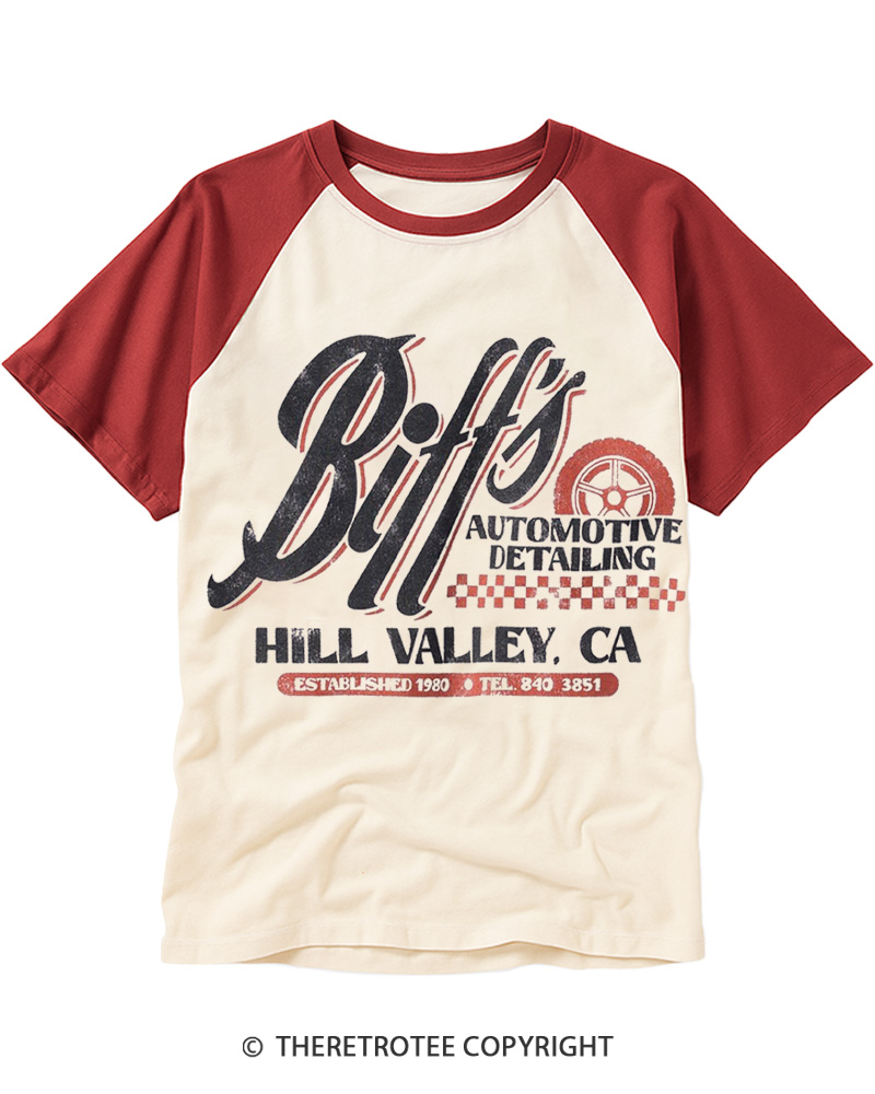 TheRetroTee Biff's Automotive Detailing 1980s Raglan Baseball T-Shirt