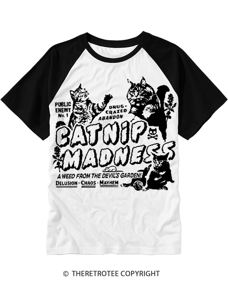 TheRetroTee Catnip Madness 1950s Raglan Baseball T-Shirt