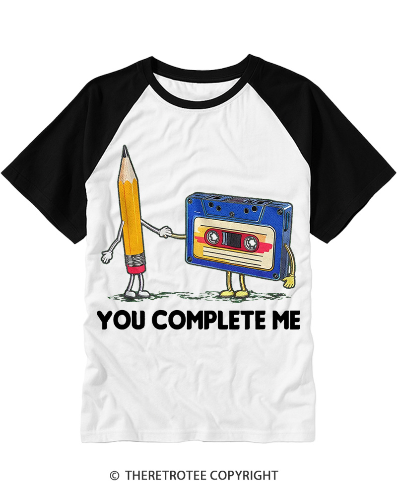 TheRetroTee You Complete Me Pencil & Cassette 1980s Raglan Baseball T-Shirt