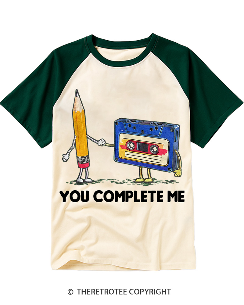 TheRetroTee You Complete Me Pencil & Cassette 1980s Raglan Baseball T-Shirt
