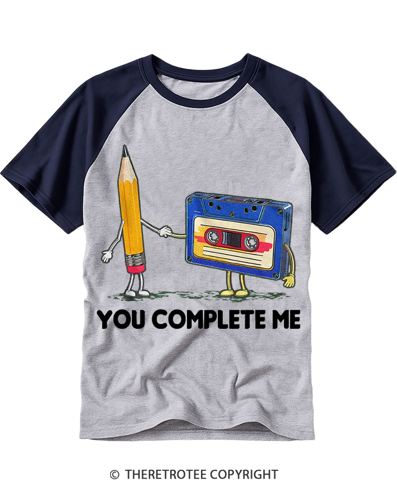 TheRetroTee You Complete Me Pencil & Cassette 1980s Raglan Baseball T-Shirt