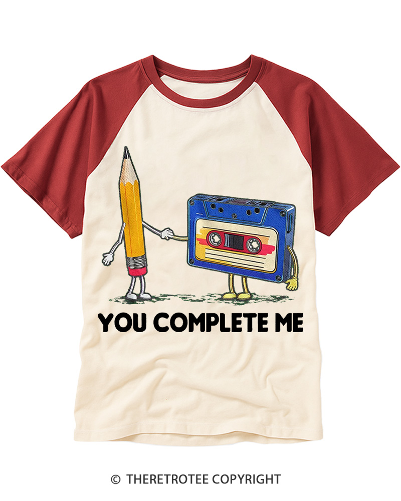 TheRetroTee You Complete Me Pencil & Cassette 1980s Raglan Baseball T-Shirt