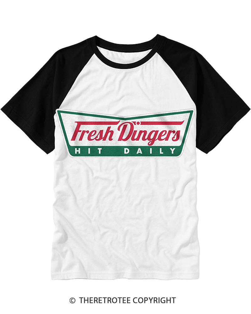 TheRetroTee Fresh Dingers Hit Daily 1990s Raglan Baseball T-Shirt