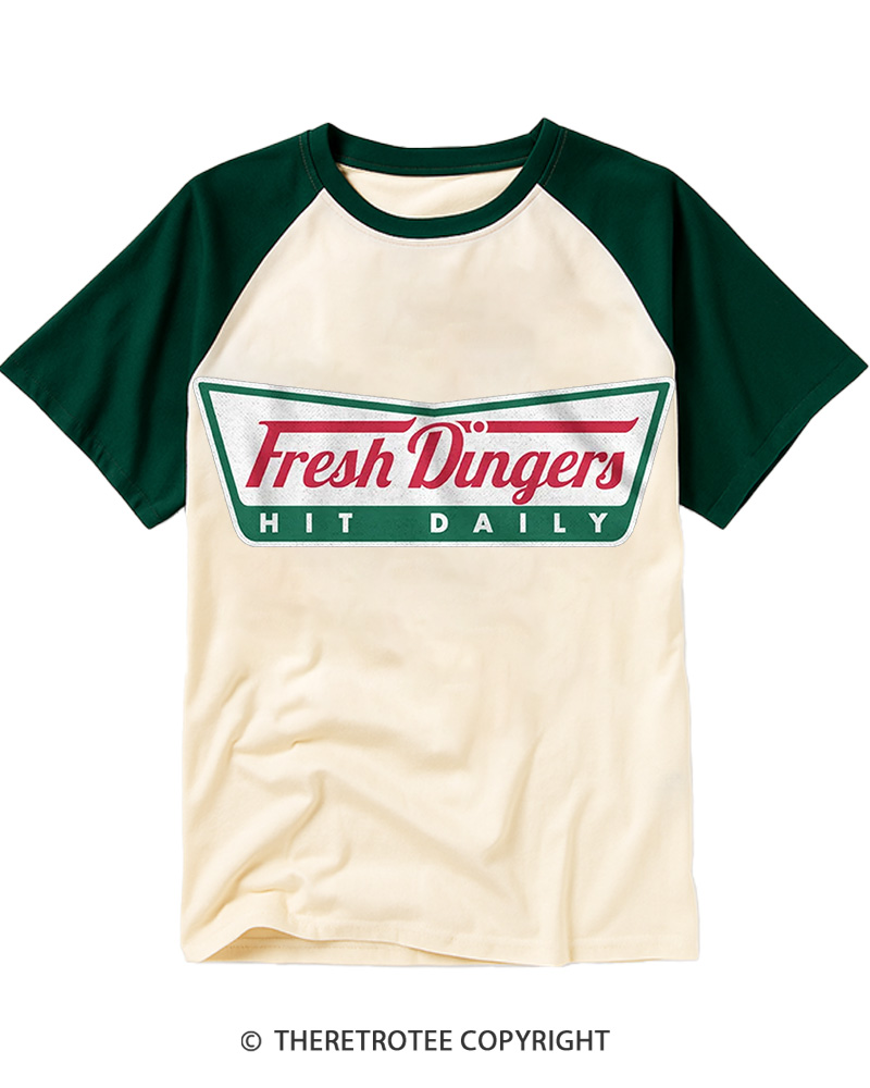 TheRetroTee Fresh Dingers Hit Daily 1990s Raglan Baseball T-Shirt
