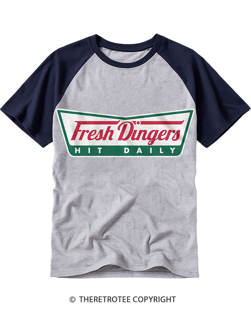 TheRetroTee Fresh Dingers Hit Daily 1990s Raglan Baseball T-Shirt