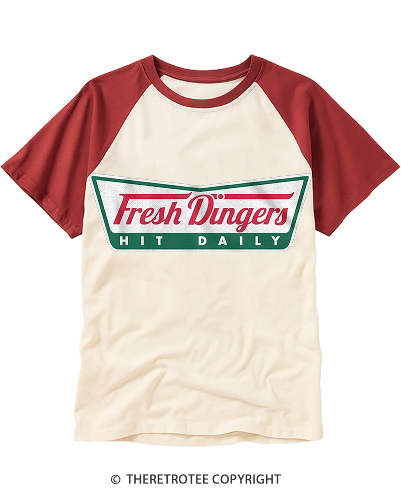 TheRetroTee Fresh Dingers Hit Daily 1990s Raglan Baseball T-Shirt