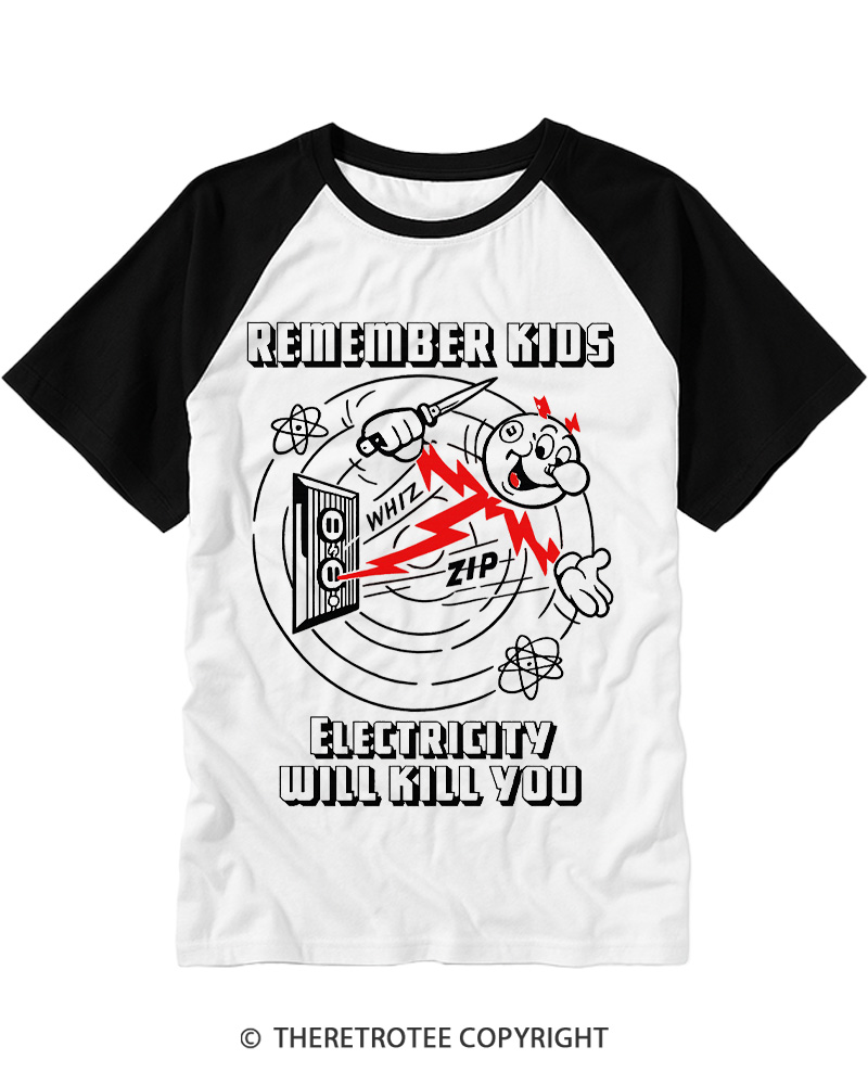 TheRetroTee Electricity Will Kill You 1960s Raglan Baseball T-Shirt