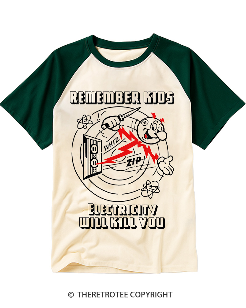 TheRetroTee Electricity Will Kill You 1960s Raglan Baseball T-Shirt