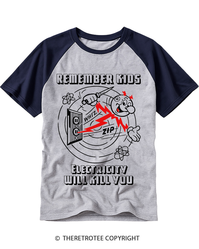 TheRetroTee Electricity Will Kill You 1960s Raglan Baseball T-Shirt
