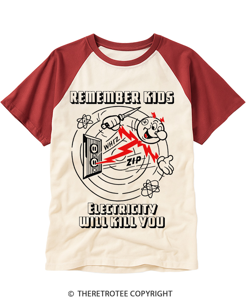 TheRetroTee Electricity Will Kill You 1960s Raglan Baseball T-Shirt