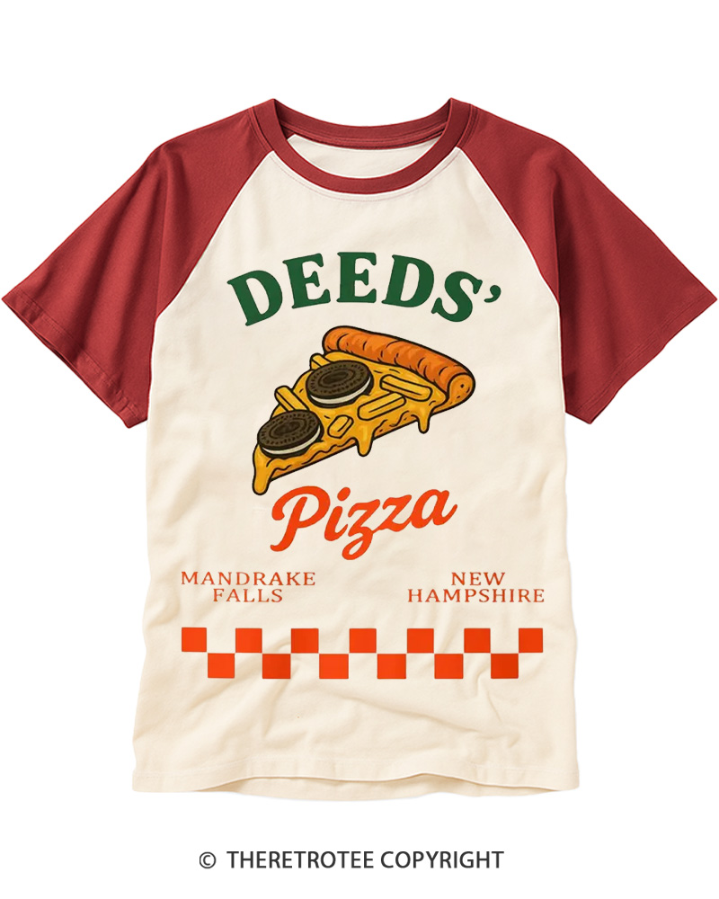 TheRetroTee Mr. Deeds Pizza 1980s Raglan Baseball T-Shirt