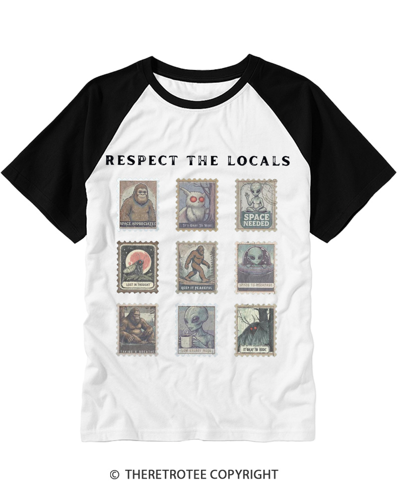 TheRetroTee Respect the Locals Cryptid 1970s Raglan Baseball T-Shirt
