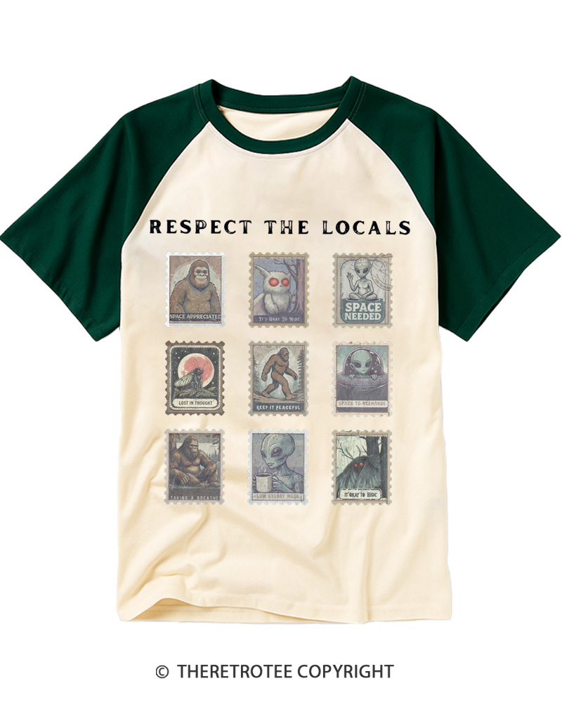TheRetroTee Respect the Locals Cryptid 1970s Raglan Baseball T-Shirt