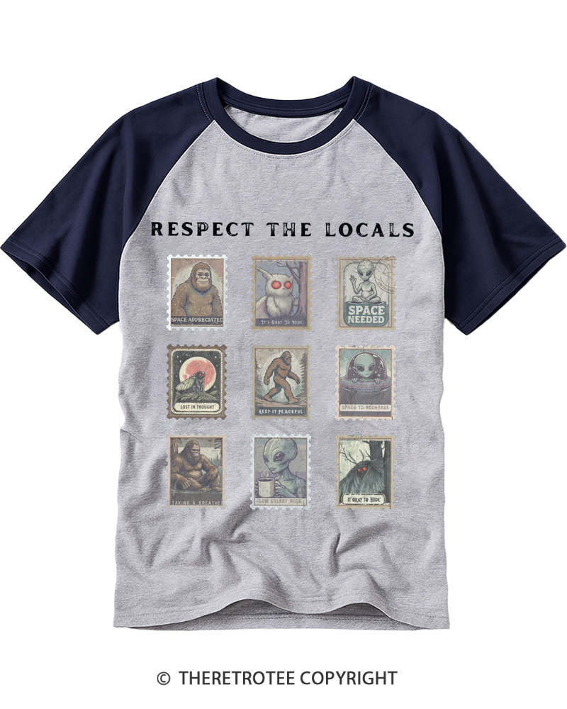 TheRetroTee Respect the Locals Cryptid 1970s Raglan Baseball T-Shirt