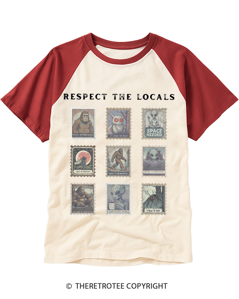 TheRetroTee Respect the Locals Cryptid 1970s Raglan Baseball T-Shirt