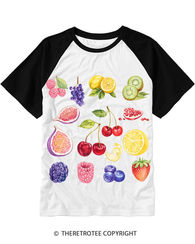 TheRetroTee Fruits And Berries 1990s Raglan Baseball T-Shirt