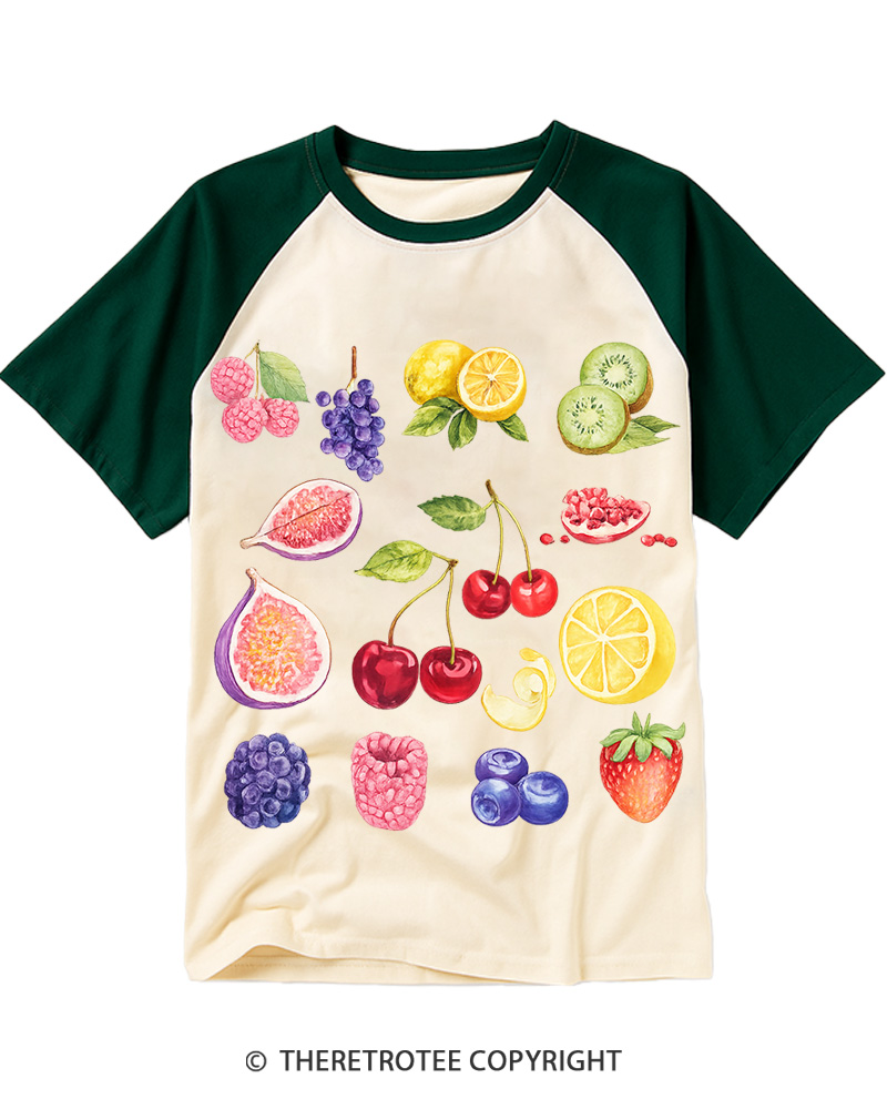 TheRetroTee Fruits And Berries 1990s Raglan Baseball T-Shirt