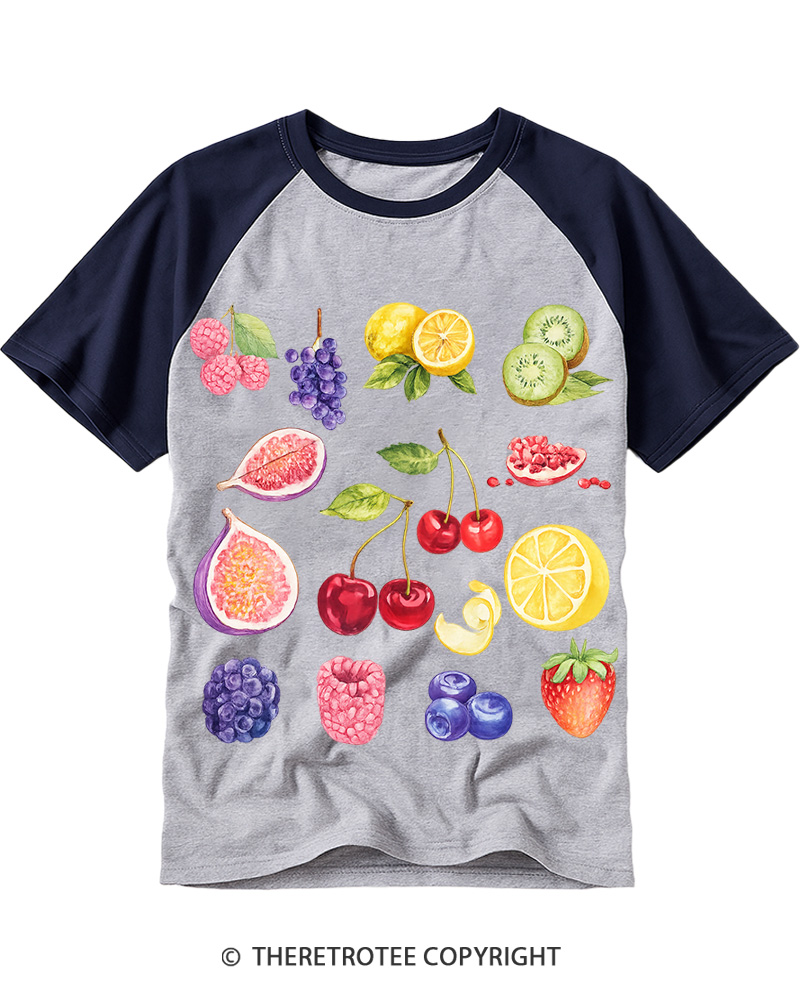TheRetroTee Fruits And Berries 1990s Raglan Baseball T-Shirt