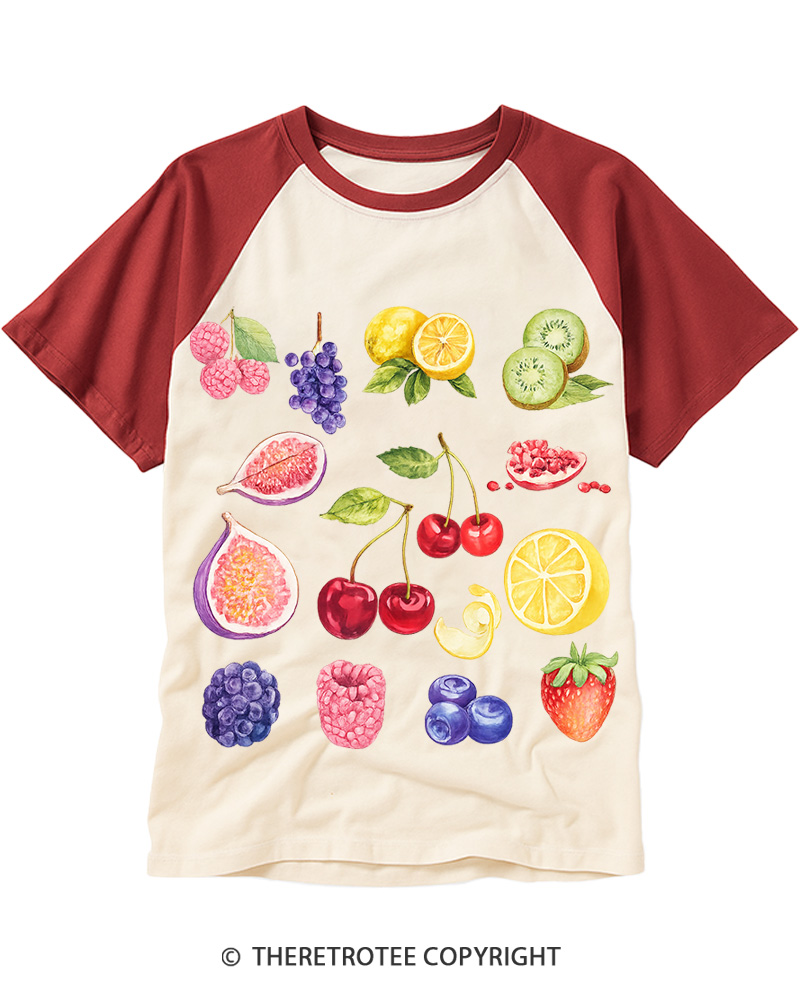 TheRetroTee Fruits And Berries 1990s Raglan Baseball T-Shirt