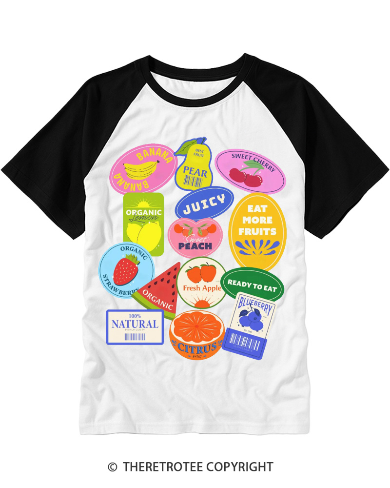 TheRetroTee Fruit Stickers 1990s Raglan Baseball T-Shirt