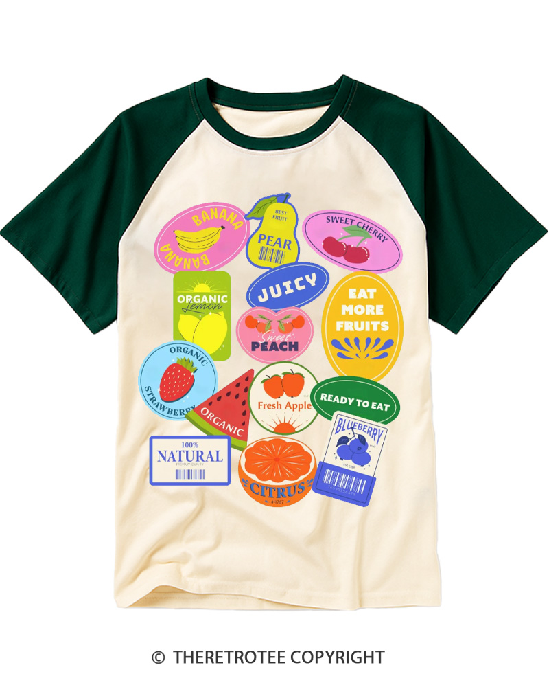 TheRetroTee Fruit Stickers 1990s Raglan Baseball T-Shirt