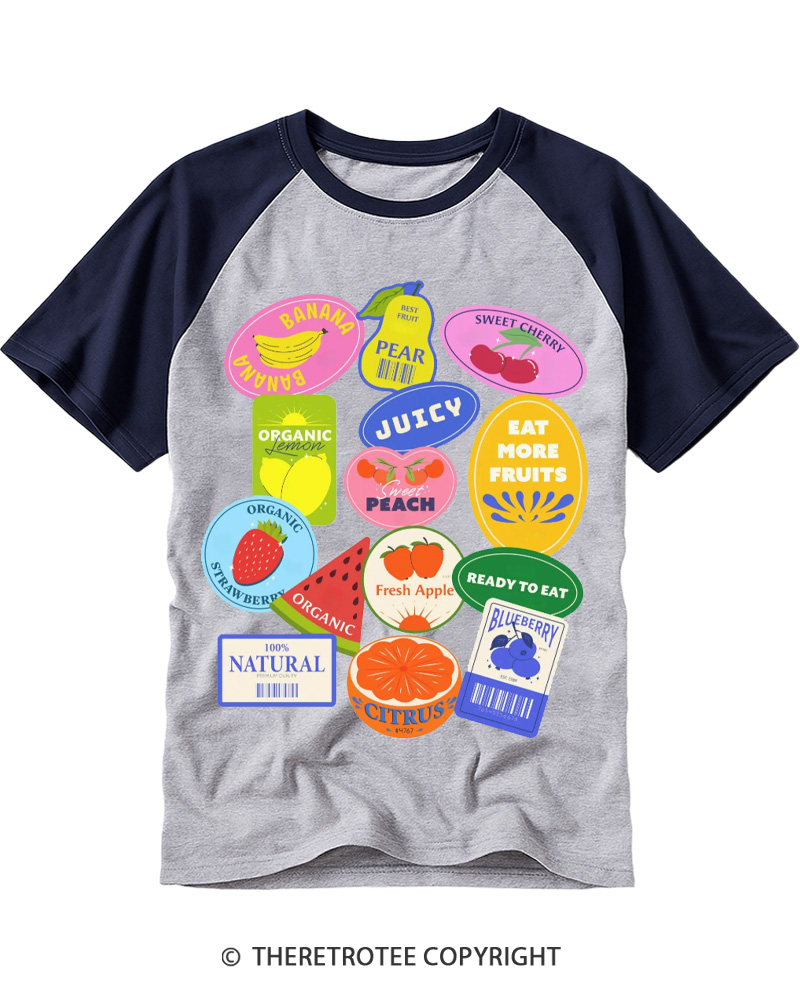 TheRetroTee Fruit Stickers 1990s Raglan Baseball T-Shirt