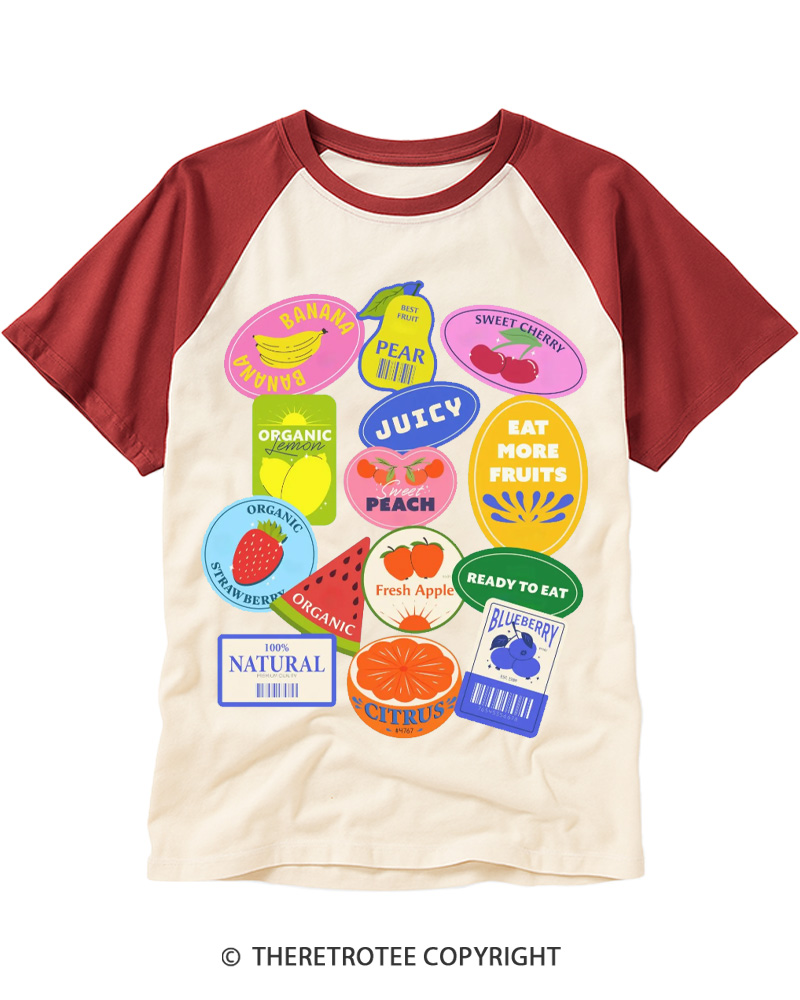 TheRetroTee Fruit Stickers 1990s Raglan Baseball T-Shirt