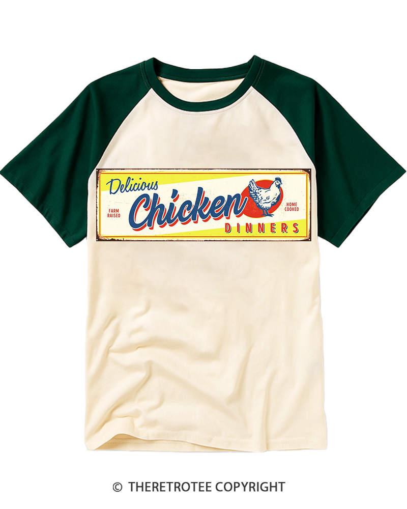TheRetroTee Delicious Chicken 1950s Raglan Baseball T-Shirt