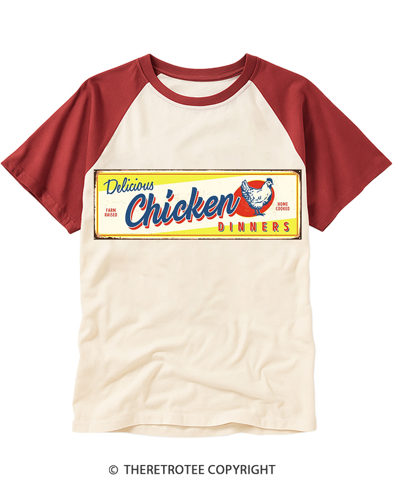 TheRetroTee Delicious Chicken 1950s Raglan Baseball T-Shirt
