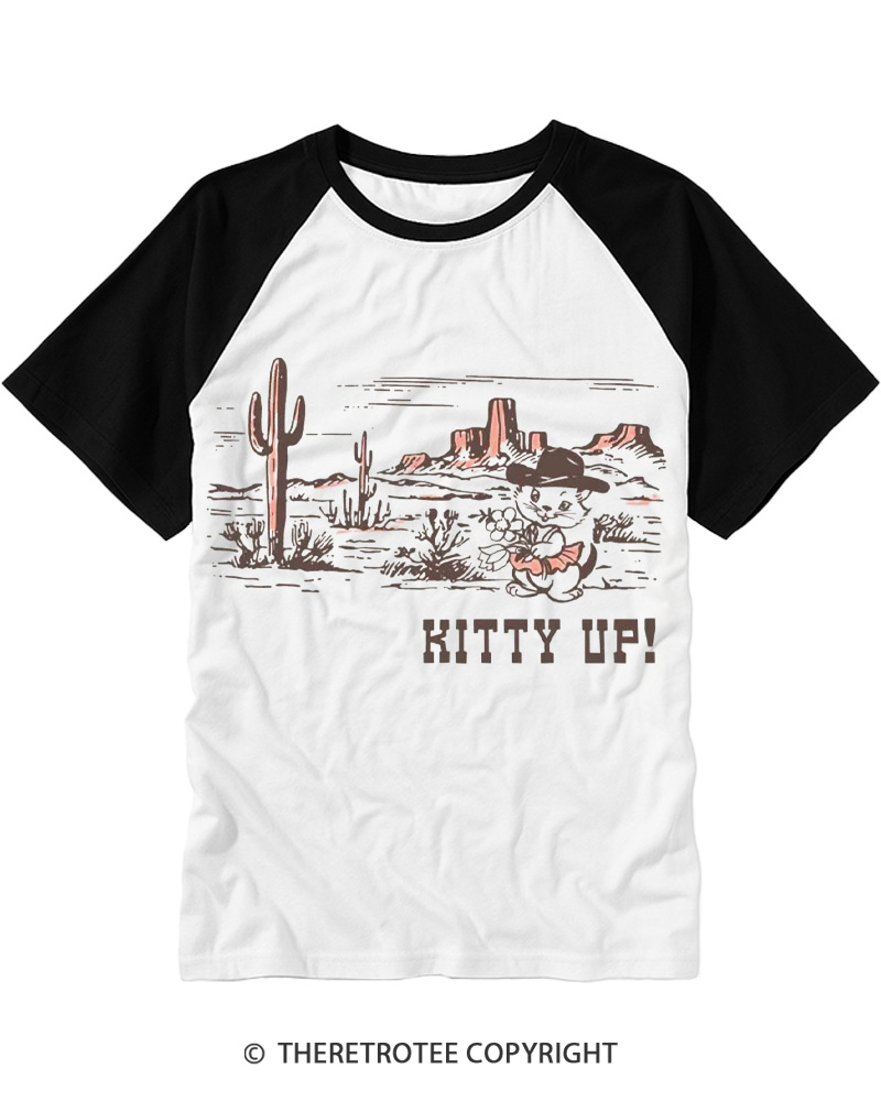TheRetroTee Kitty Up Cowgirl 1960s Raglan Baseball T-Shirt
