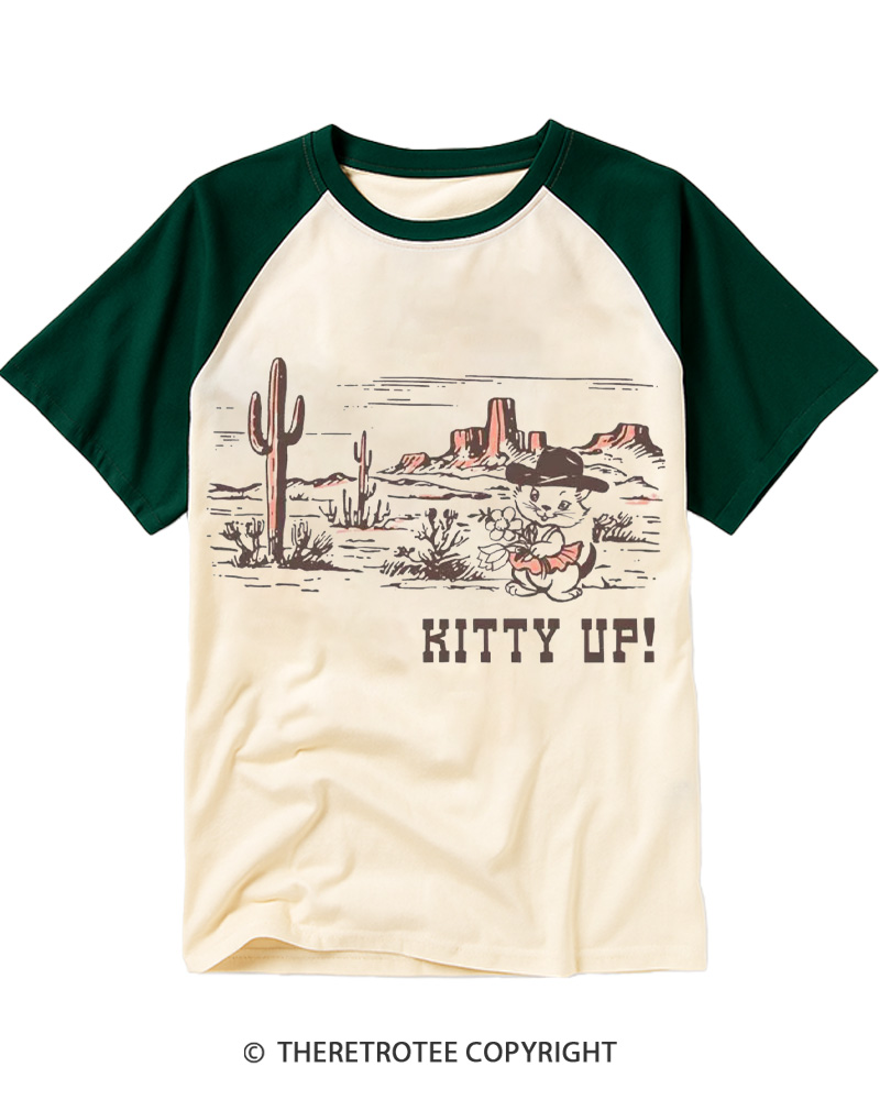 TheRetroTee Kitty Up Cowgirl 1960s Raglan Baseball T-Shirt