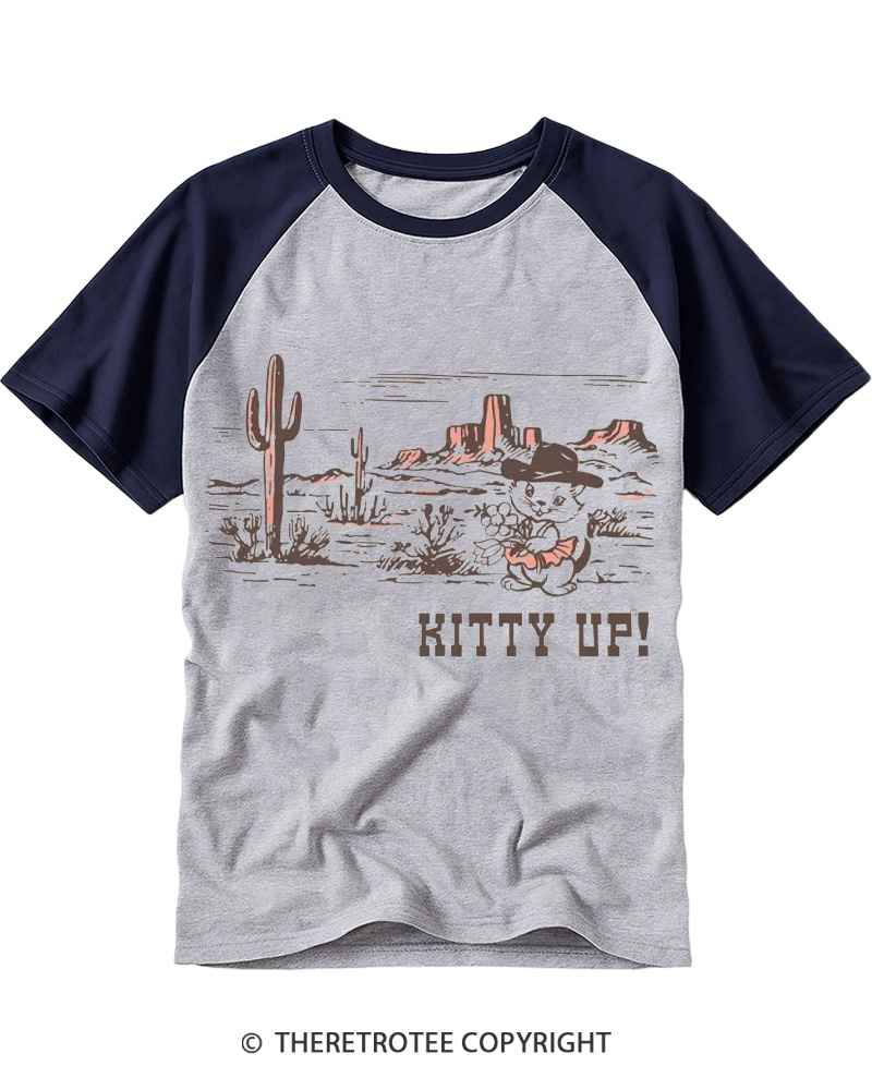 TheRetroTee Kitty Up Cowgirl 1960s Raglan Baseball T-Shirt
