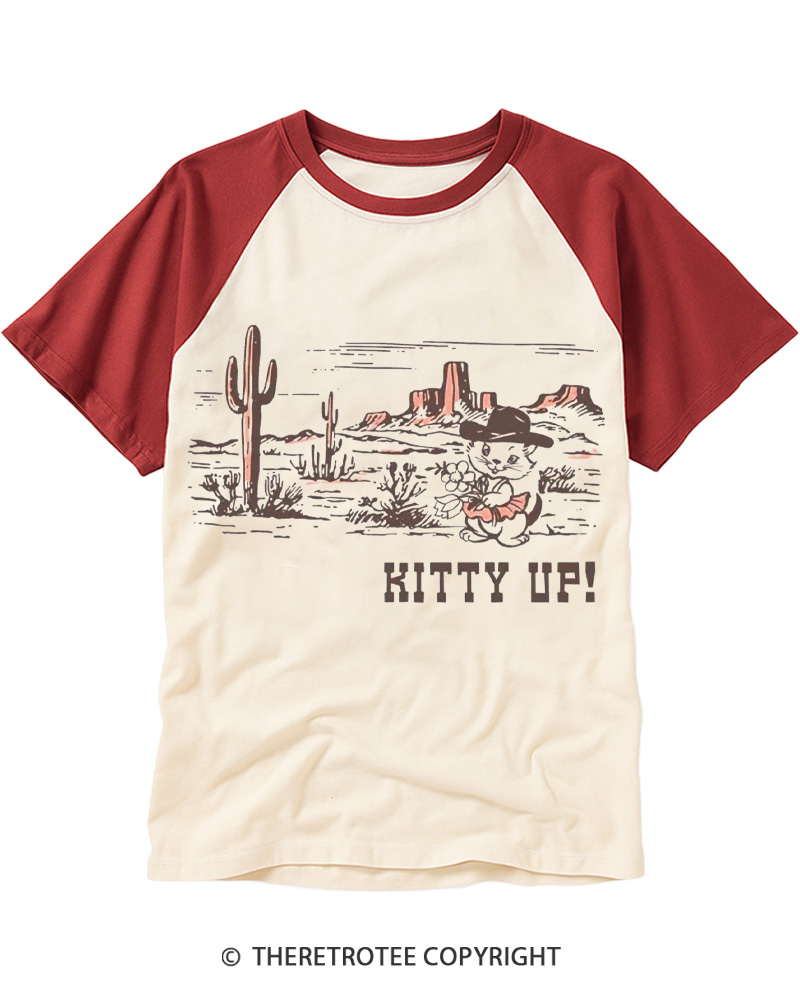 TheRetroTee Kitty Up Cowgirl 1960s Raglan Baseball T-Shirt