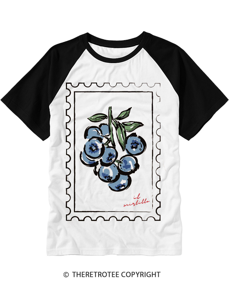 TheRetroTee Blueberry Stamp 1950s Raglan Baseball T-Shirt