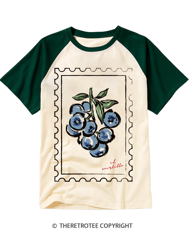 TheRetroTee Blueberry Stamp 1950s Raglan Baseball T-Shirt