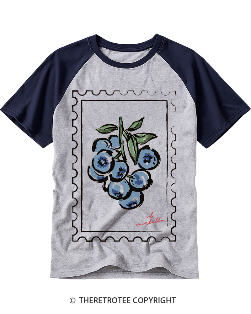 TheRetroTee Blueberry Stamp 1950s Raglan Baseball T-Shirt