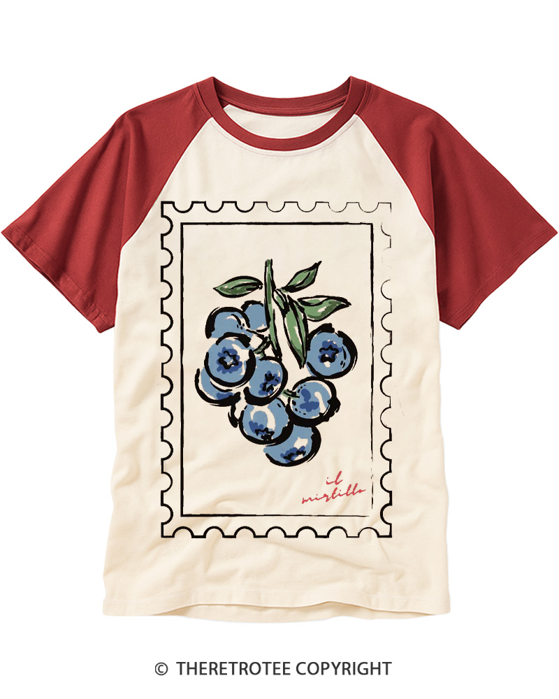 TheRetroTee Blueberry Stamp 1950s Raglan Baseball T-Shirt