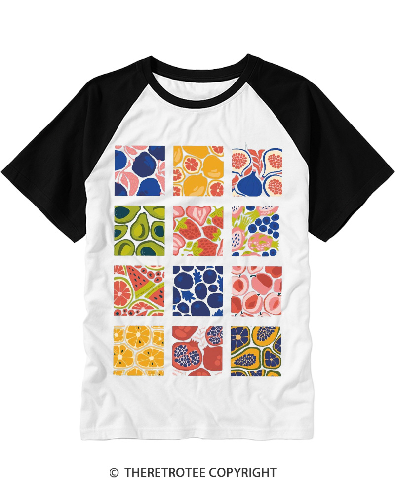 TheRetroTee Cottagecore Fruits 1970s Raglan Baseball T-Shirt