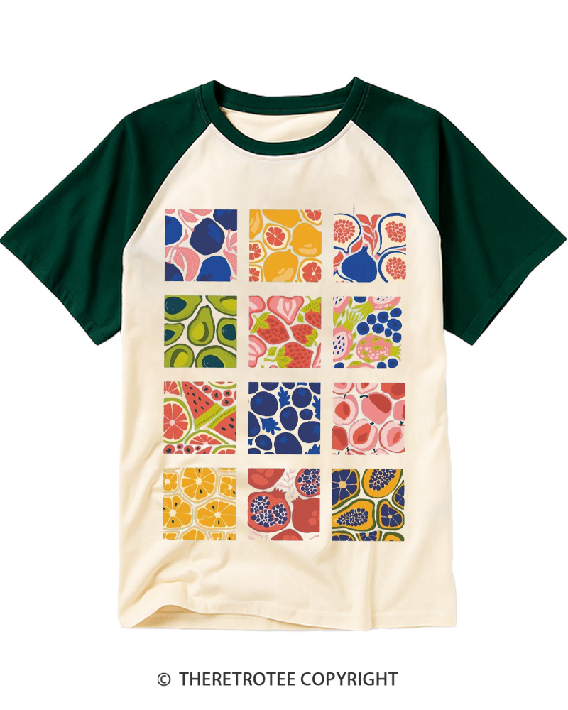 TheRetroTee Cottagecore Fruits 1970s Raglan Baseball T-Shirt