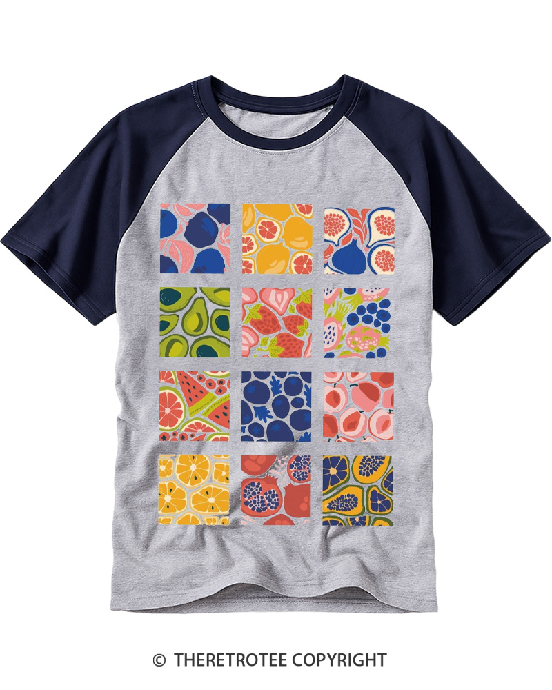 TheRetroTee Cottagecore Fruits 1970s Raglan Baseball T-Shirt
