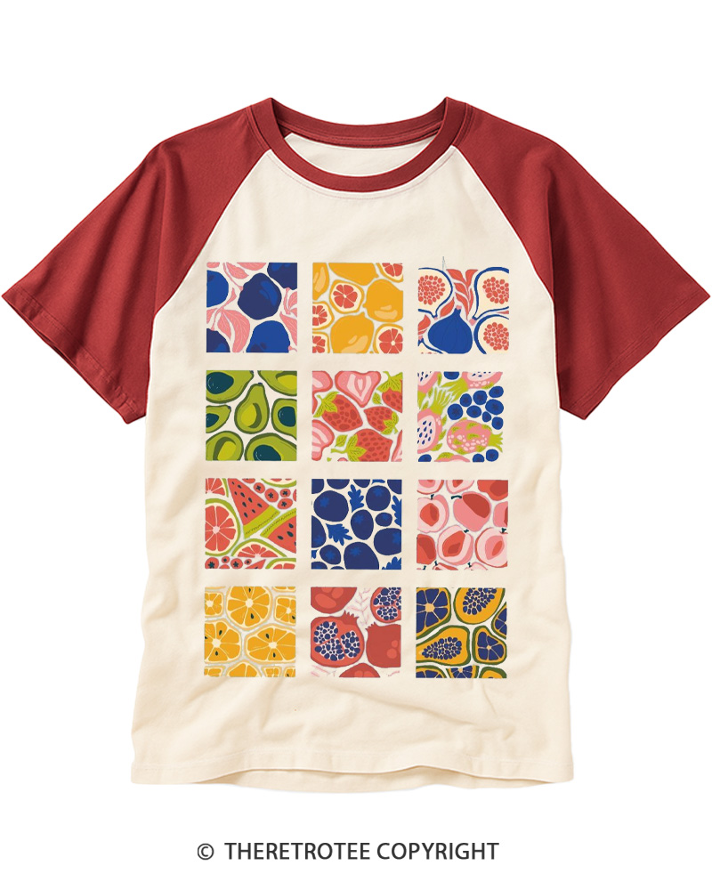 TheRetroTee Cottagecore Fruits 1970s Raglan Baseball T-Shirt