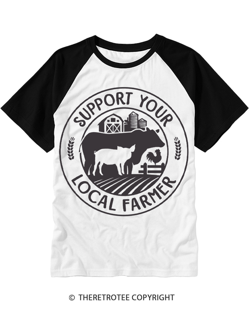 TheRetroTee Support Your Local Farmers 1970s Raglan Baseball T-Shirt