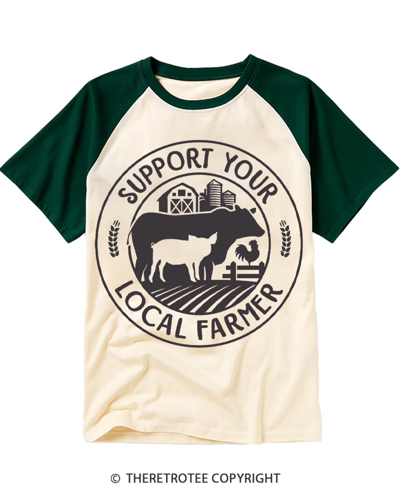 TheRetroTee Support Your Local Farmers 1970s Raglan Baseball T-Shirt