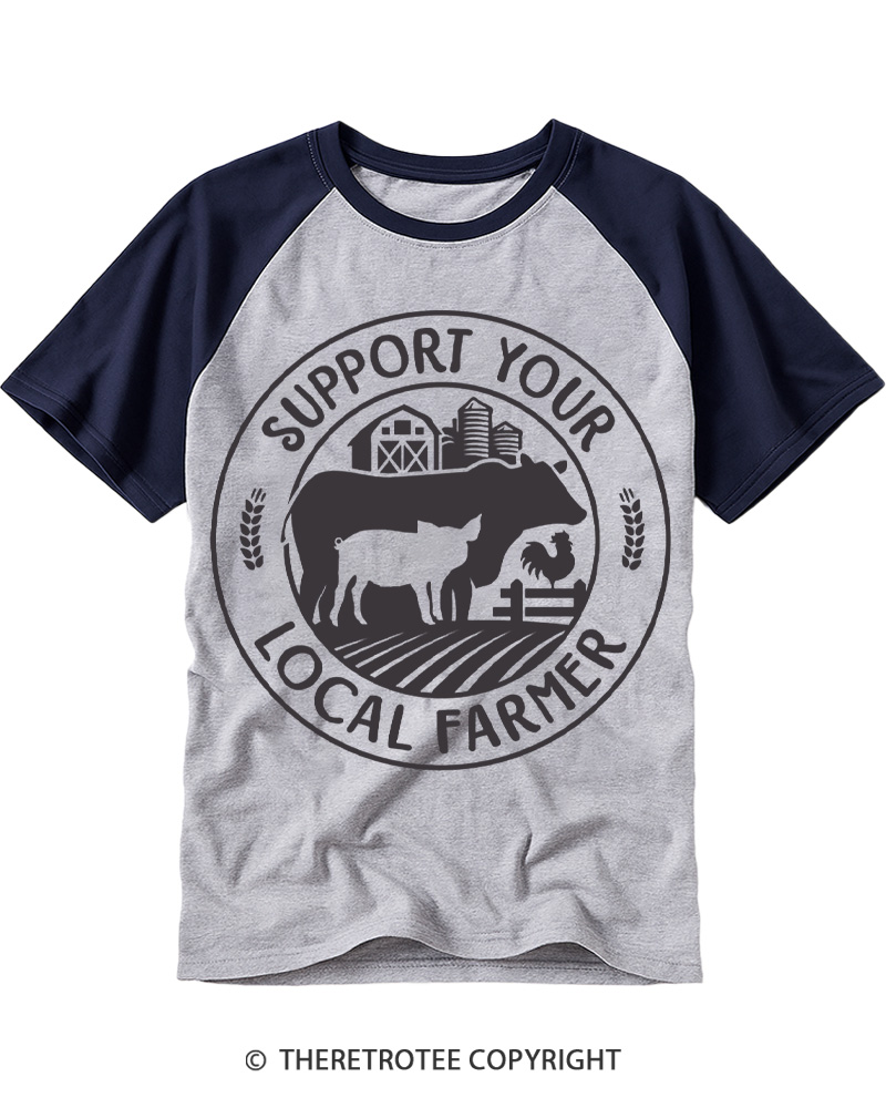 TheRetroTee Support Your Local Farmers 1970s Raglan Baseball T-Shirt