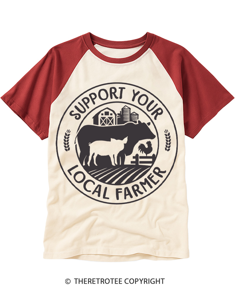TheRetroTee Support Your Local Farmers 1970s Raglan Baseball T-Shirt