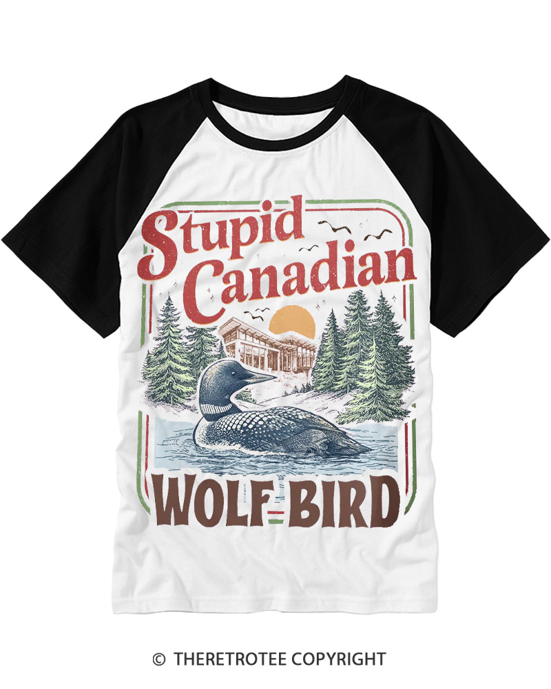 TheRetroTee Stupid Canadian Wolf Bird 1980s Raglan Baseball T-Shirt