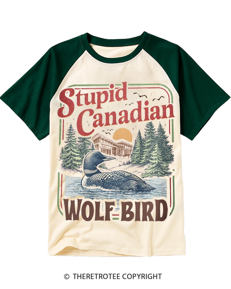 TheRetroTee Stupid Canadian Wolf Bird 1980s Raglan Baseball T-Shirt