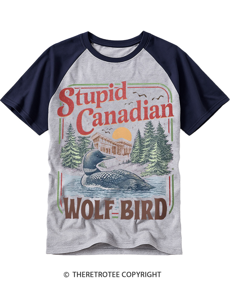 TheRetroTee Stupid Canadian Wolf Bird 1980s Raglan Baseball T-Shirt