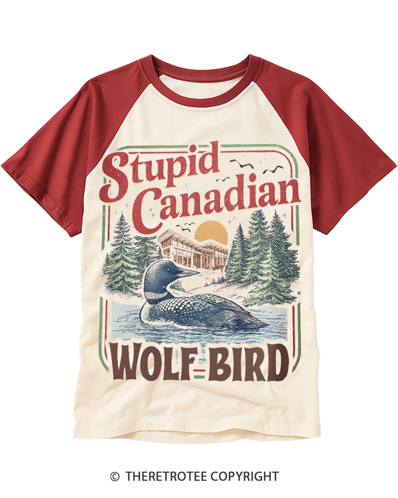 TheRetroTee Stupid Canadian Wolf Bird 1980s Raglan Baseball T-Shirt